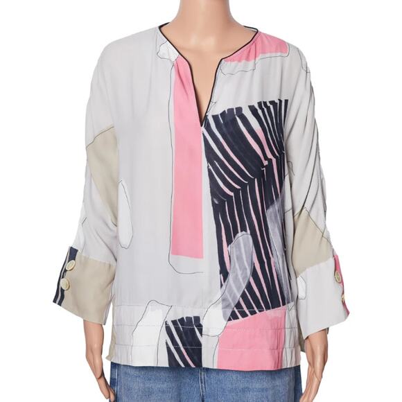 Piazza Sempione Women size Medium Gray Pink Artsy Abstract 3/4 Sleeve Tunic Top - Picture 1 of 9